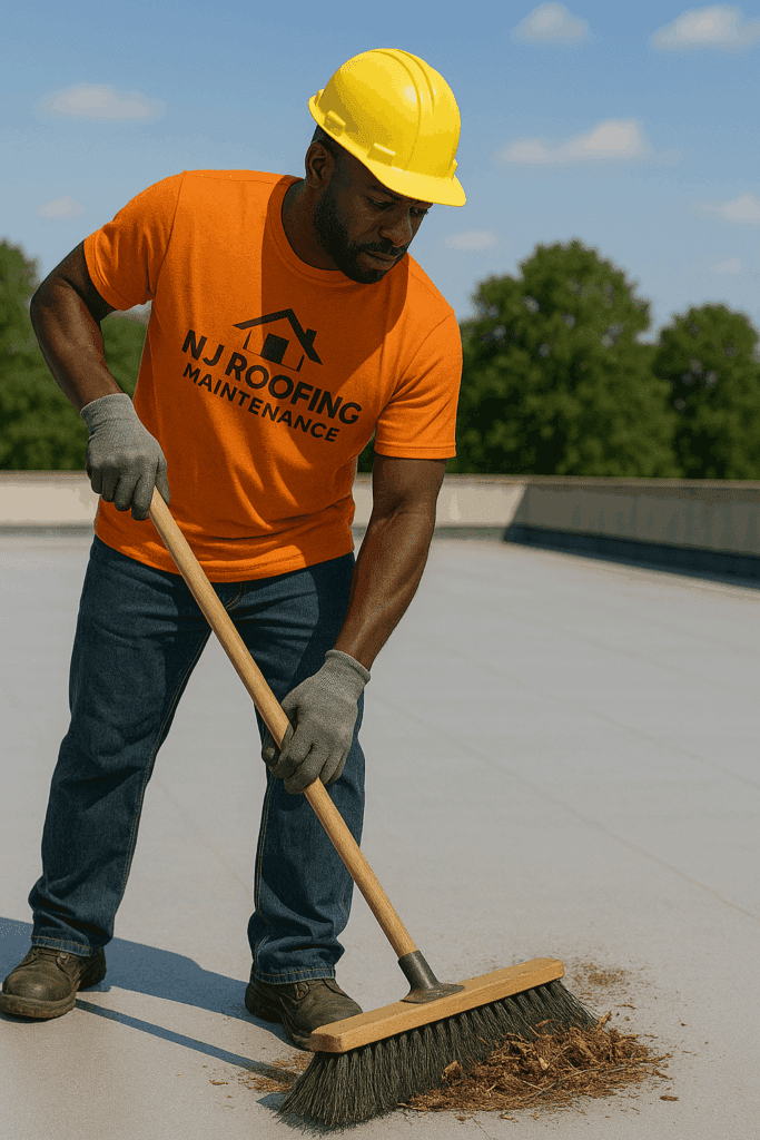 nj roofing maintenace of a flat roof guy with broom